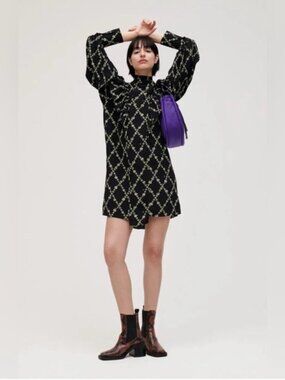 GANNI I Printed Crepe Ruffle High Collar Dress Size 34 XS